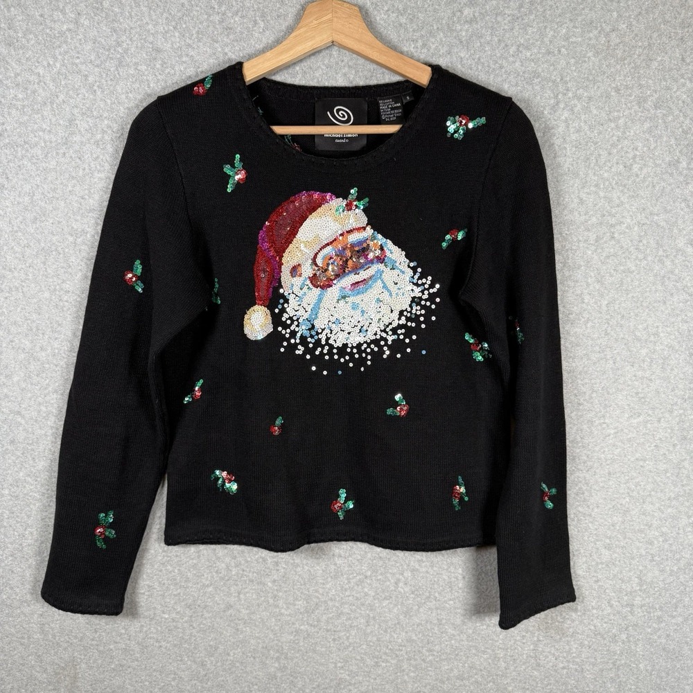 Michael Simon Cardigan Sweater Santa Sequin Black Womens small